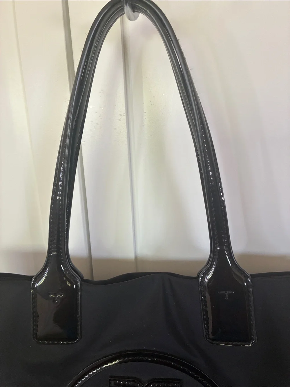 Tory Burch Black Nylon Tote with Patent Trim and Logo